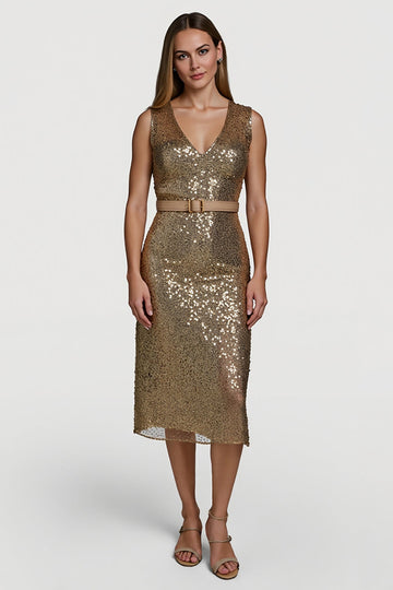 Brilhante Dourado Bodycon Lantejoulas Midi Vestido de Férias com Cinto